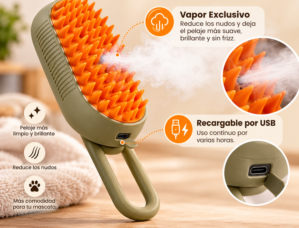 Cepillo a Vapor para Perros y Gatos 3 en 1